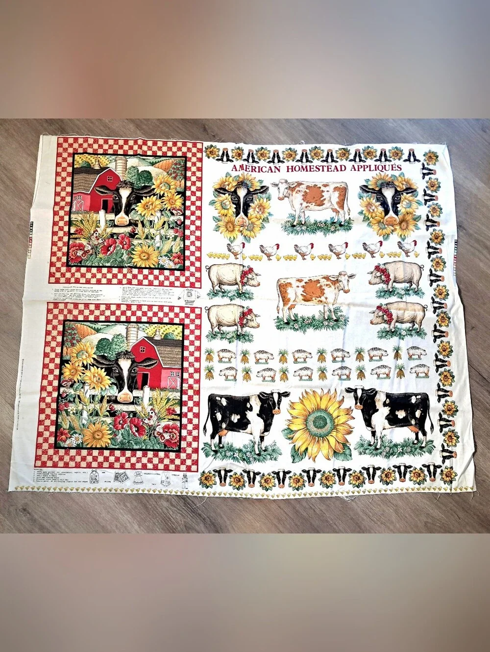 Vintage Fabric Panel & Matching Scraps American Homestead Applique Farm Cow Pigs